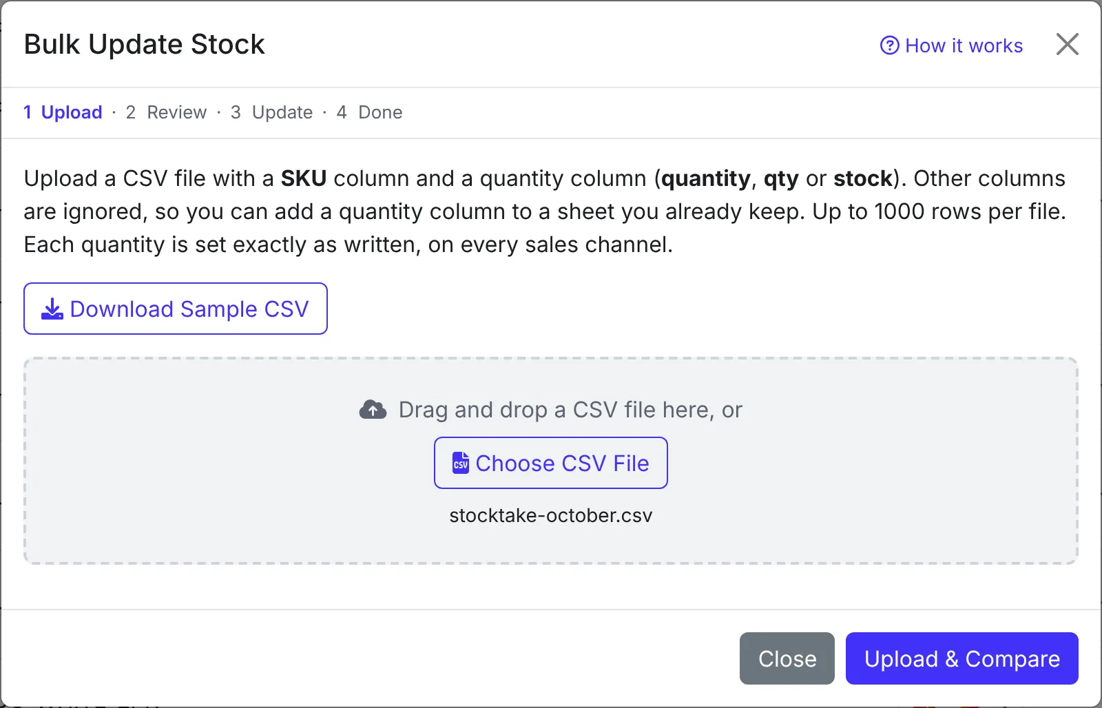 The upload step with stocktake-october.csv chosen, ready for Upload &amp; Compare