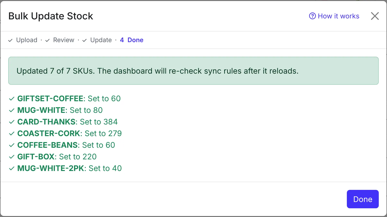 The results step showing all seven SKUs from the stocktake updated, each with its new quantity