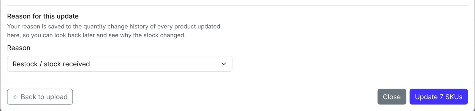 The reason picker in the review step, with Restock / stock received selected