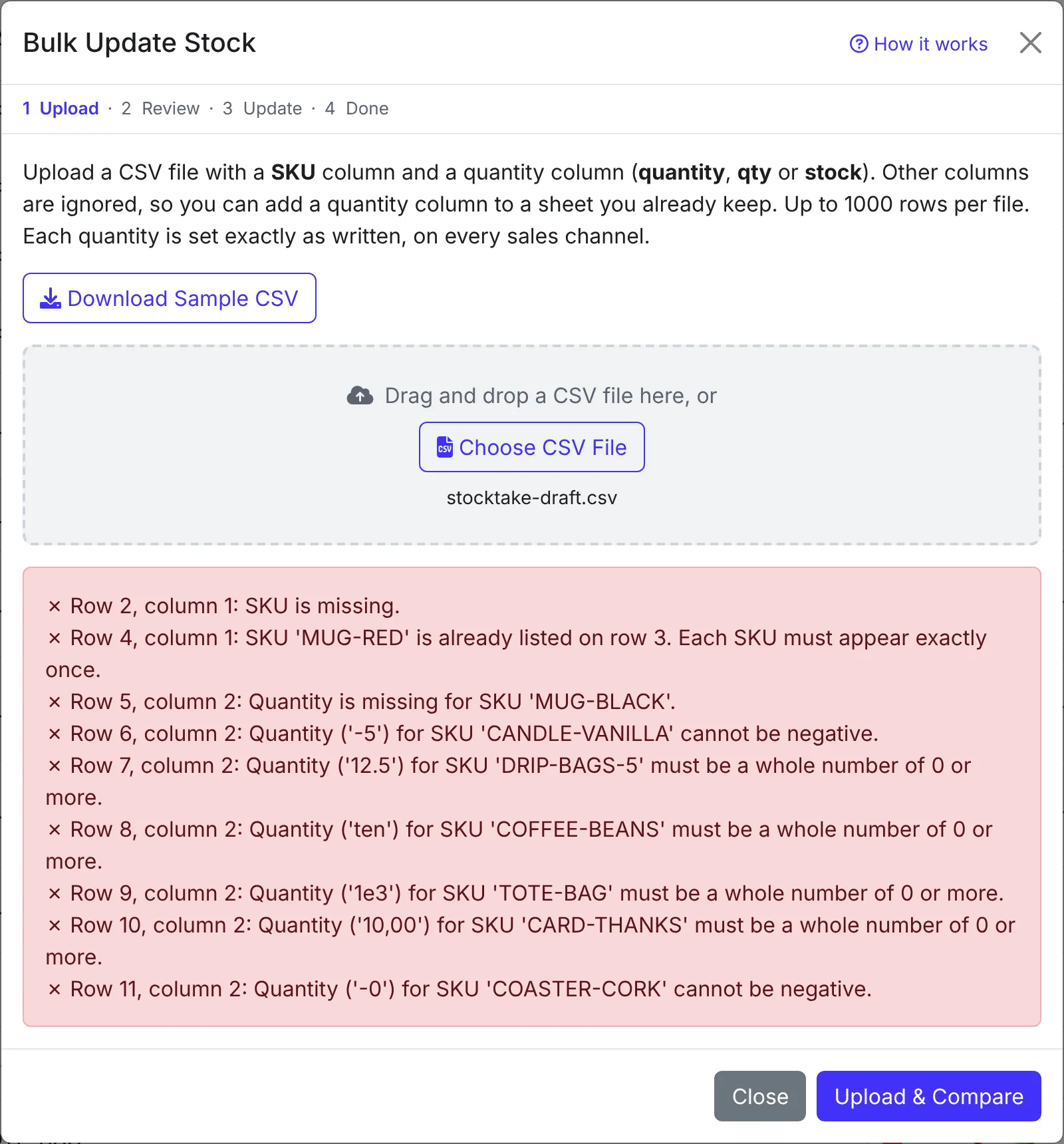 The row errors list, showing a missing SKU, a duplicate SKU and several bad quantities
