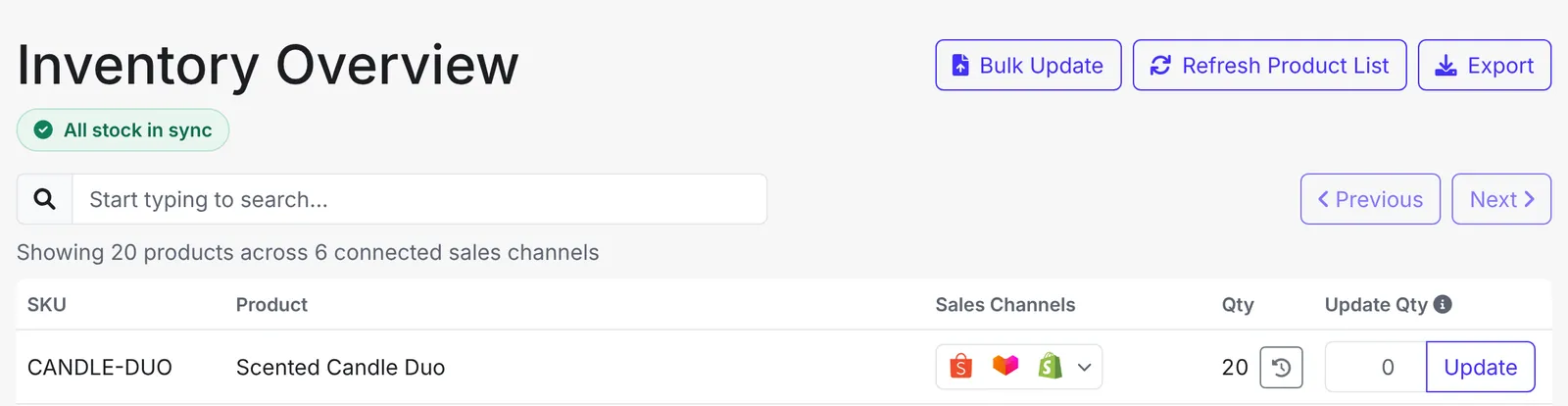The Bulk Update button next to Refresh Product List on Inventory Overview