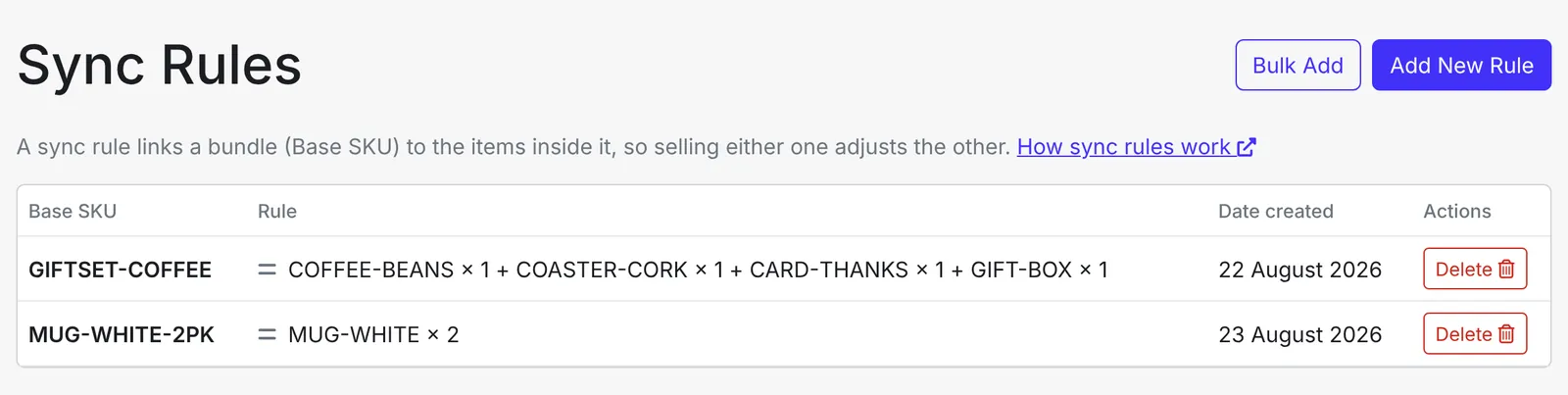 The Bulk Add button next to Add New Rule on the Sync Rules page