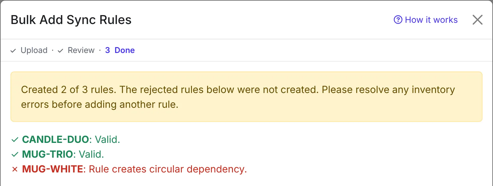 The results step showing CANDLE-DUO and MUG-TRIO created and MUG-WHITE rejected as a circular dependency