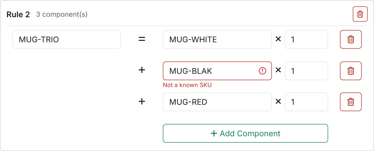 The Child SKU MUG-BLAK marked as Not a known SKU during review