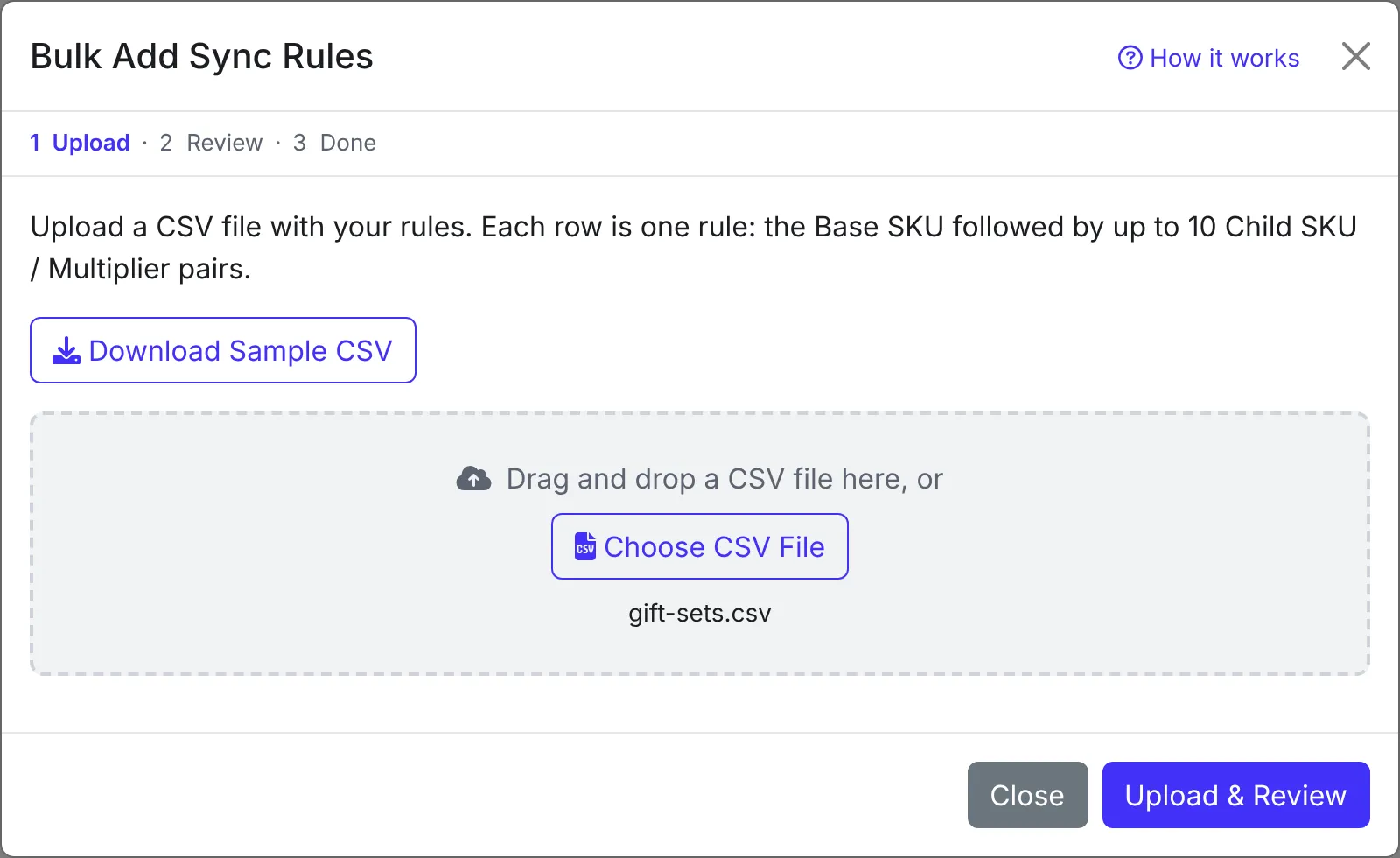 The upload step with gift-sets.csv chosen and the Upload &amp; Review button