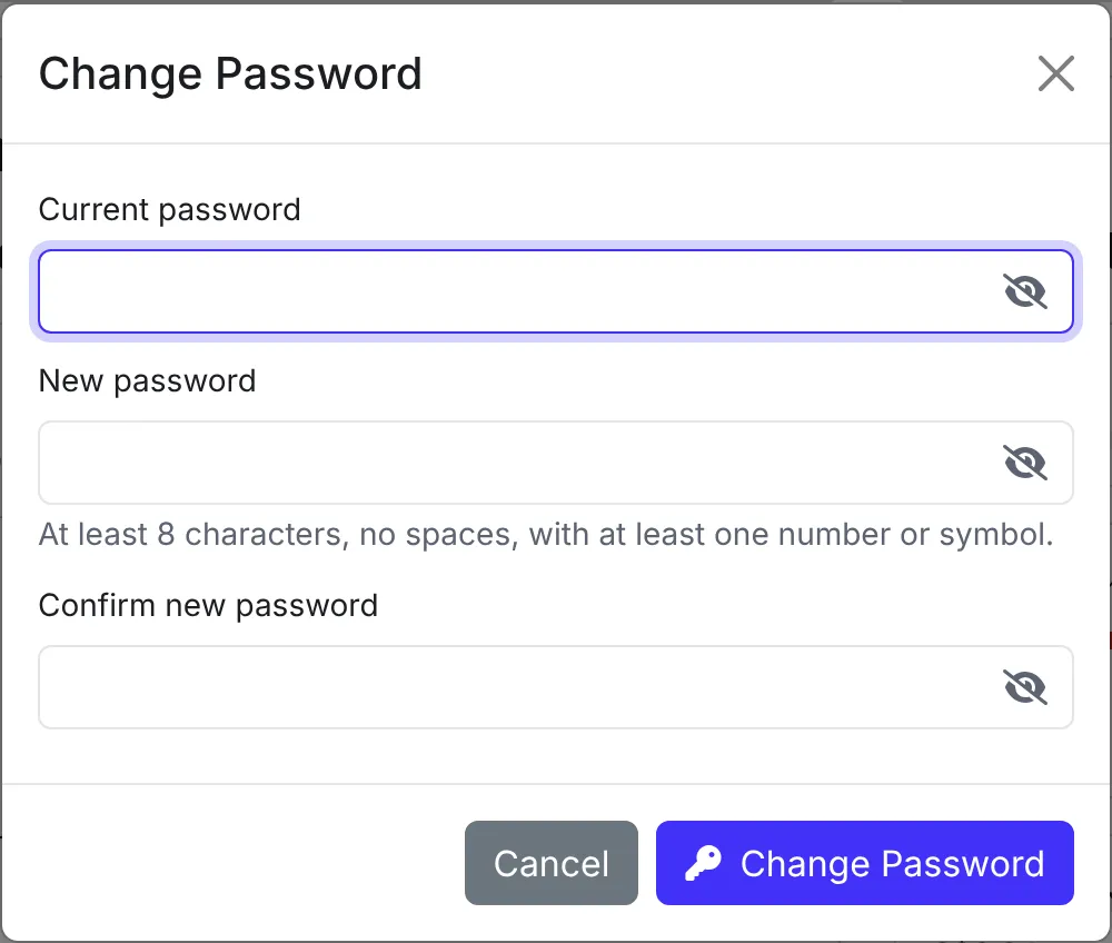 The Change Password window with Current password, New password and Confirm new password fields