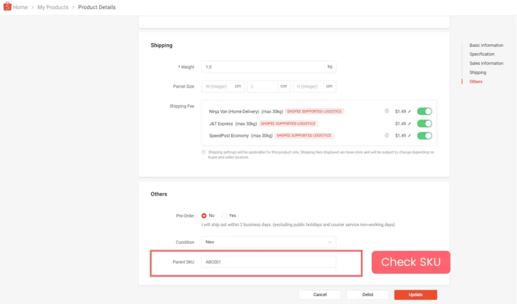 The Parent SKU field on a Shopee product without variations