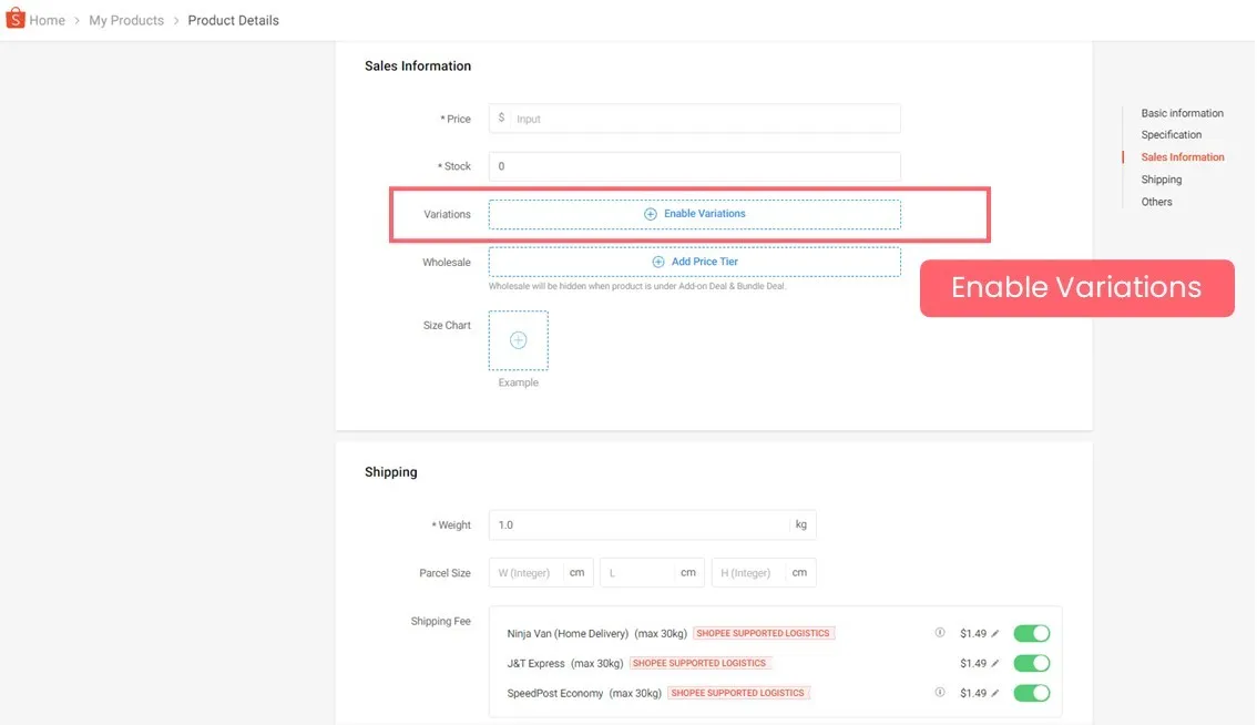 Variations enabled on a Shopee product