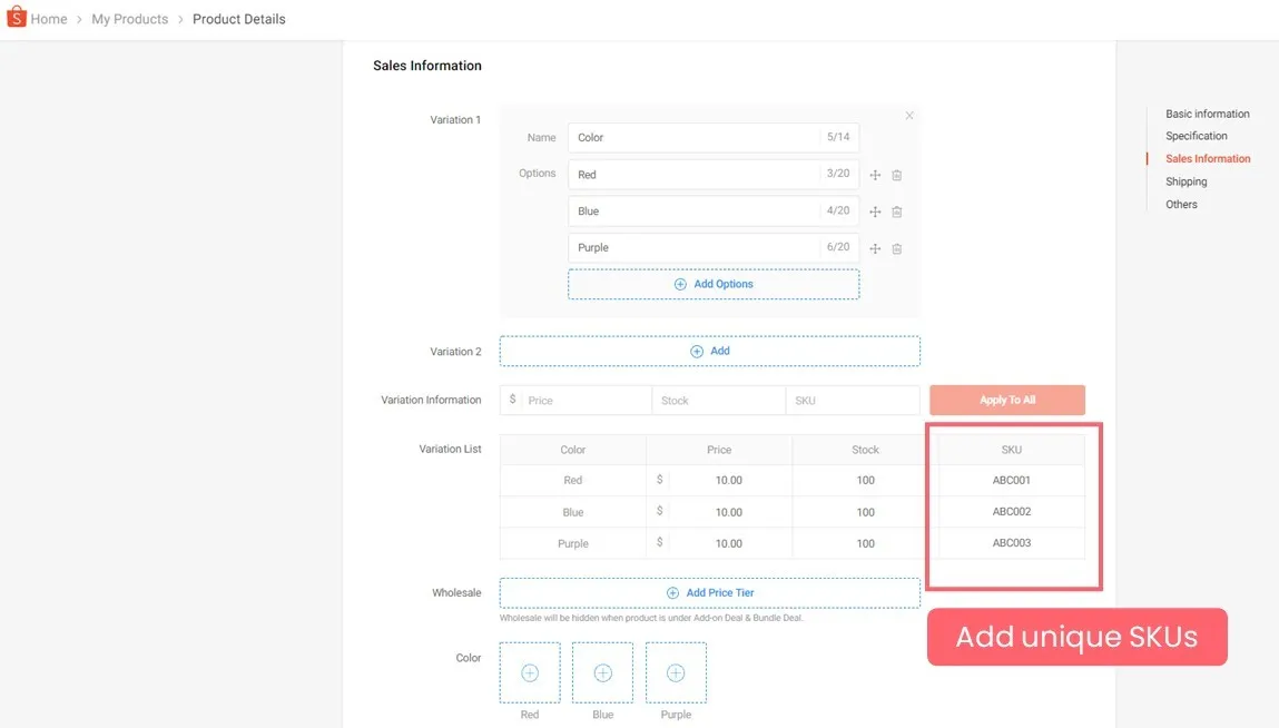 The SKU column for each variation on a Shopee product