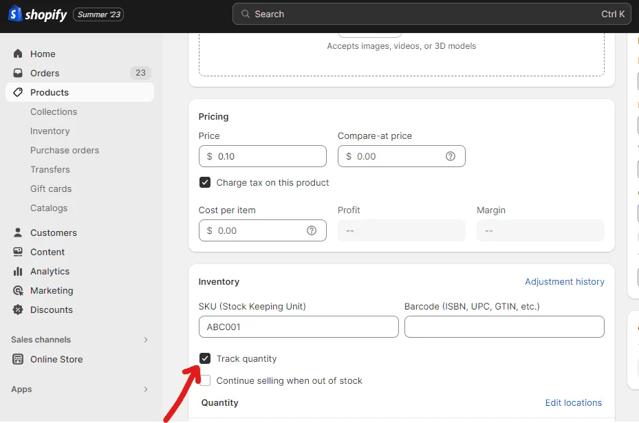 The Track quantity setting on a Shopify product page