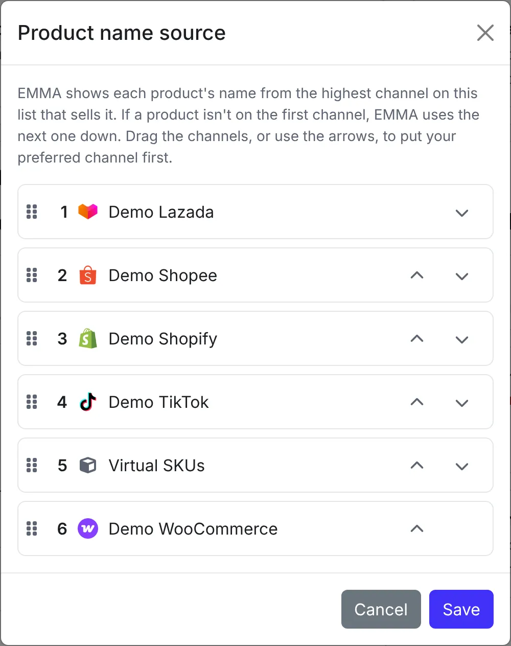 The Product name source window listing six channels in order, with drag handles and arrow buttons