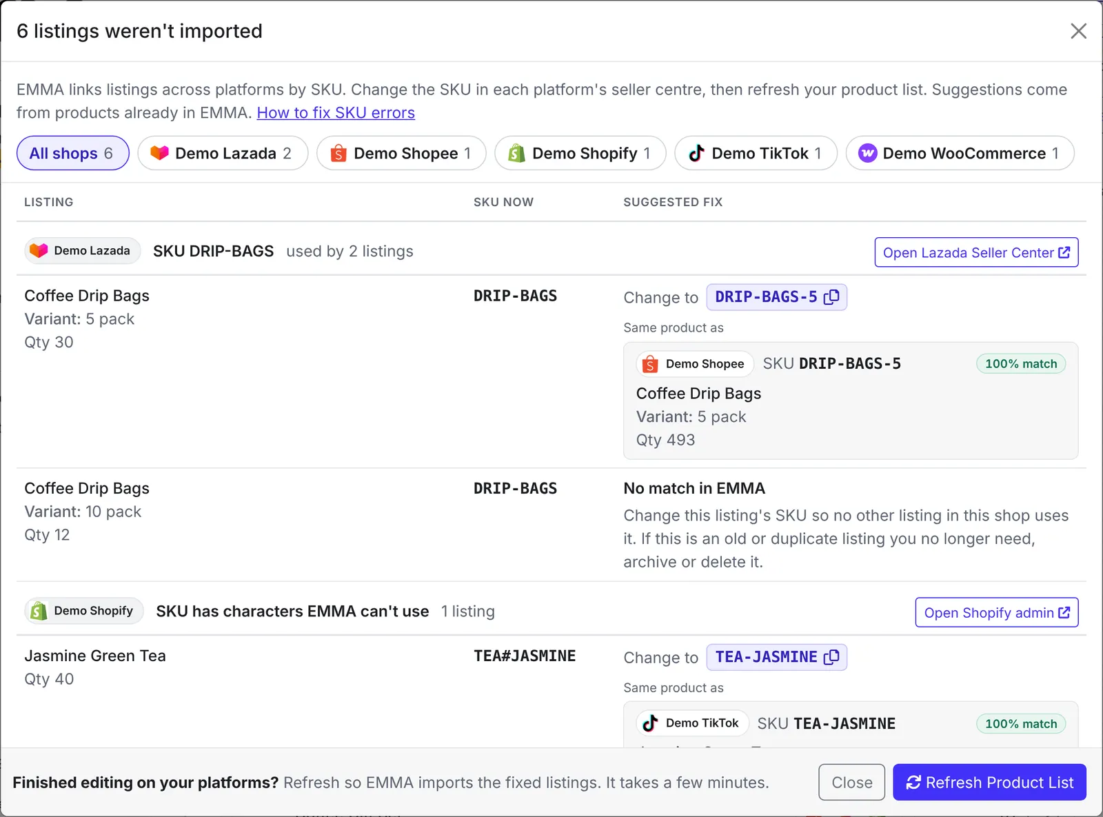The window listing six listings that were not imported, with a suggested fix beside each