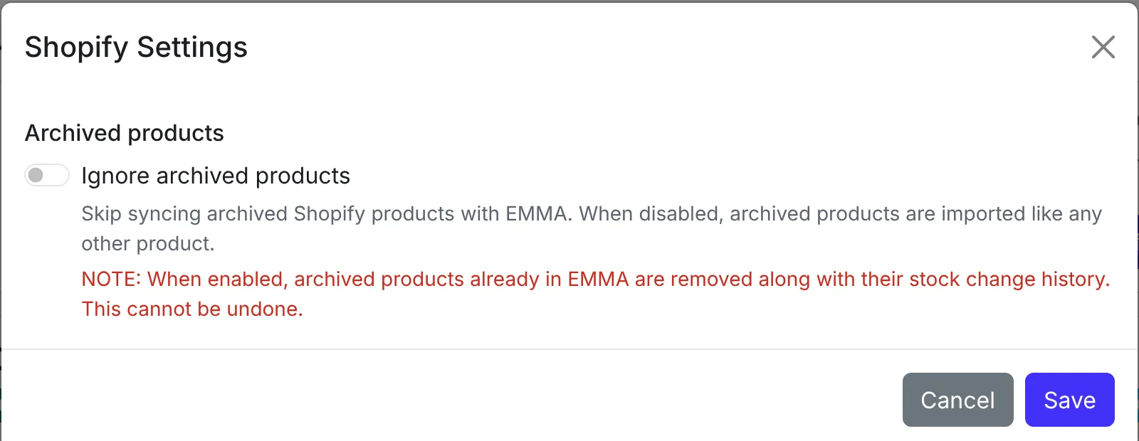 The Archived products section of Shopify Settings, with the Ignore archived products switch