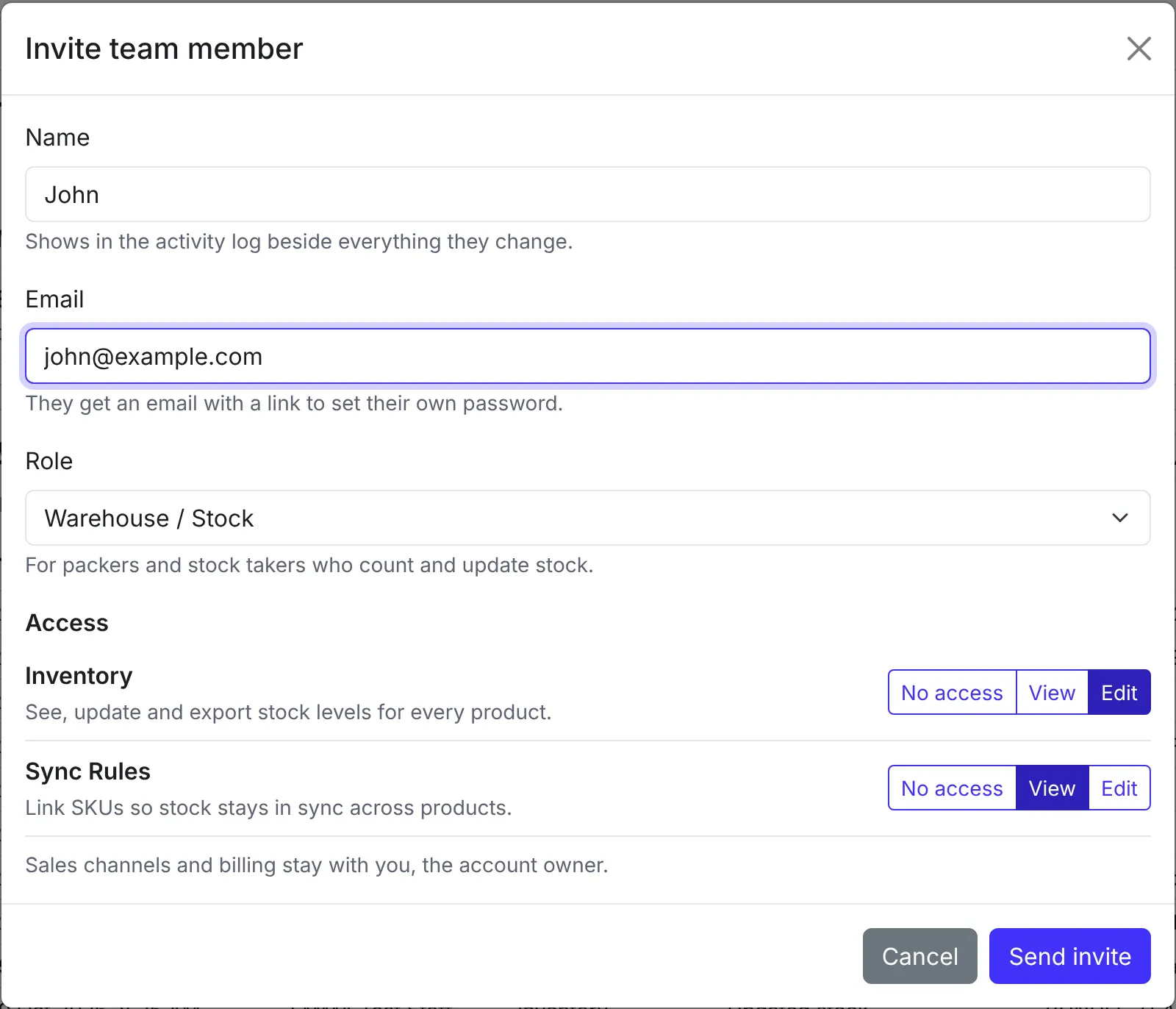 The Invite team member window with a name, an email, the Warehouse / Stock role and its access
